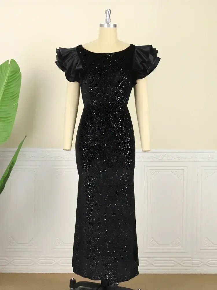 Women Glitter Dress Elegant Black Fishtail Sequin Maxi Dresses Vintage Ruffle Sleeve Party Celebrity Wedding Guest Dresses Robe