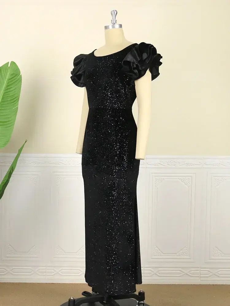 Women Glitter Dress Elegant Black Fishtail Sequin Maxi Dresses Vintage Ruffle Sleeve Party Celebrity Wedding Guest Dresses Robe