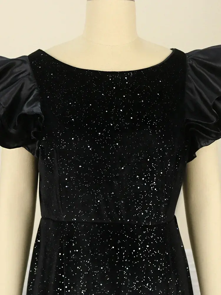 Women Glitter Dress Elegant Black Fishtail Sequin Maxi Dresses Vintage Ruffle Sleeve Party Celebrity Wedding Guest Dresses Robe