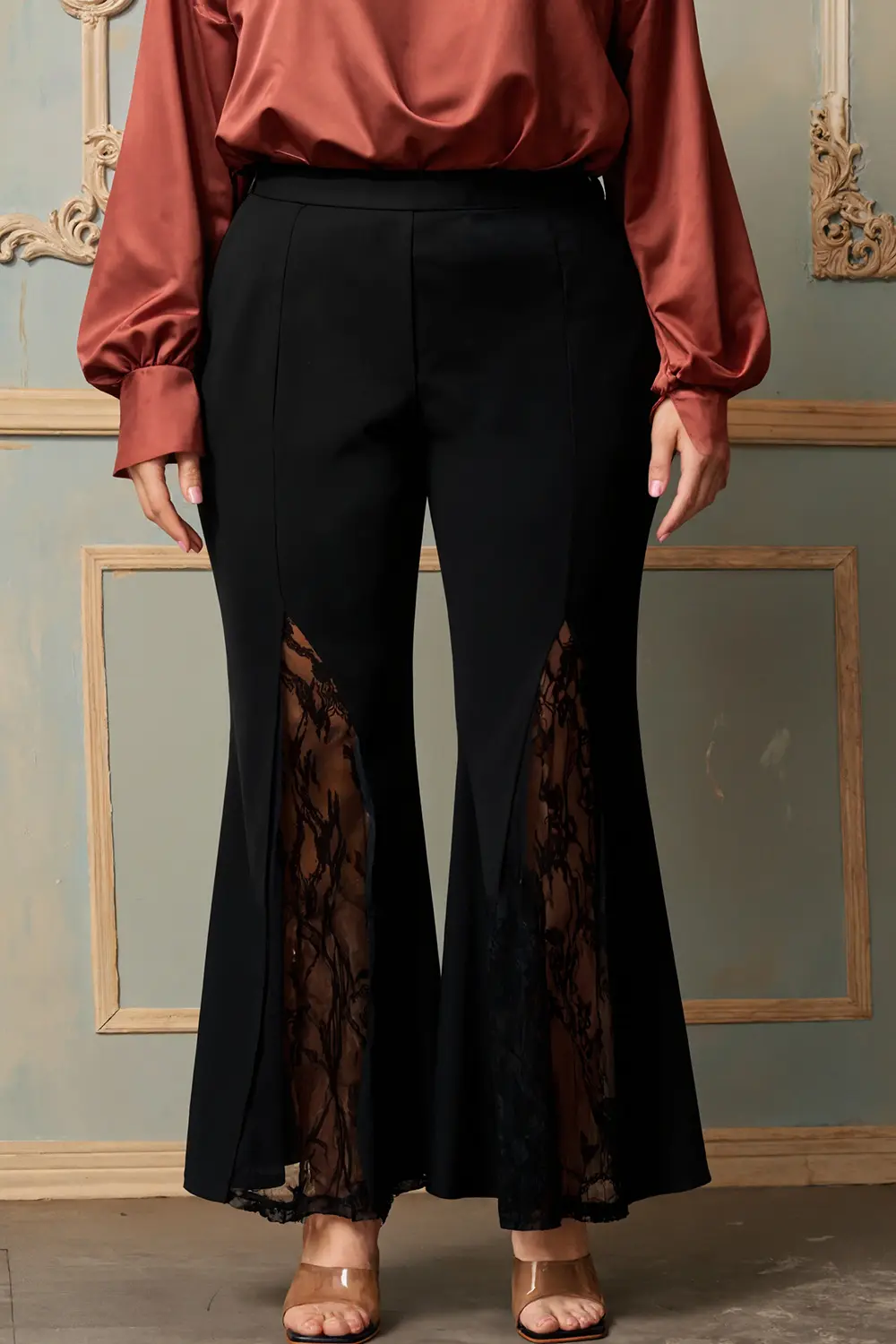 Women Lace Patchwork Flare Pant Plus Size Tailored Trousers Elegant Casual Vitnage High Street Office Lady Hollow Out Pants 2025