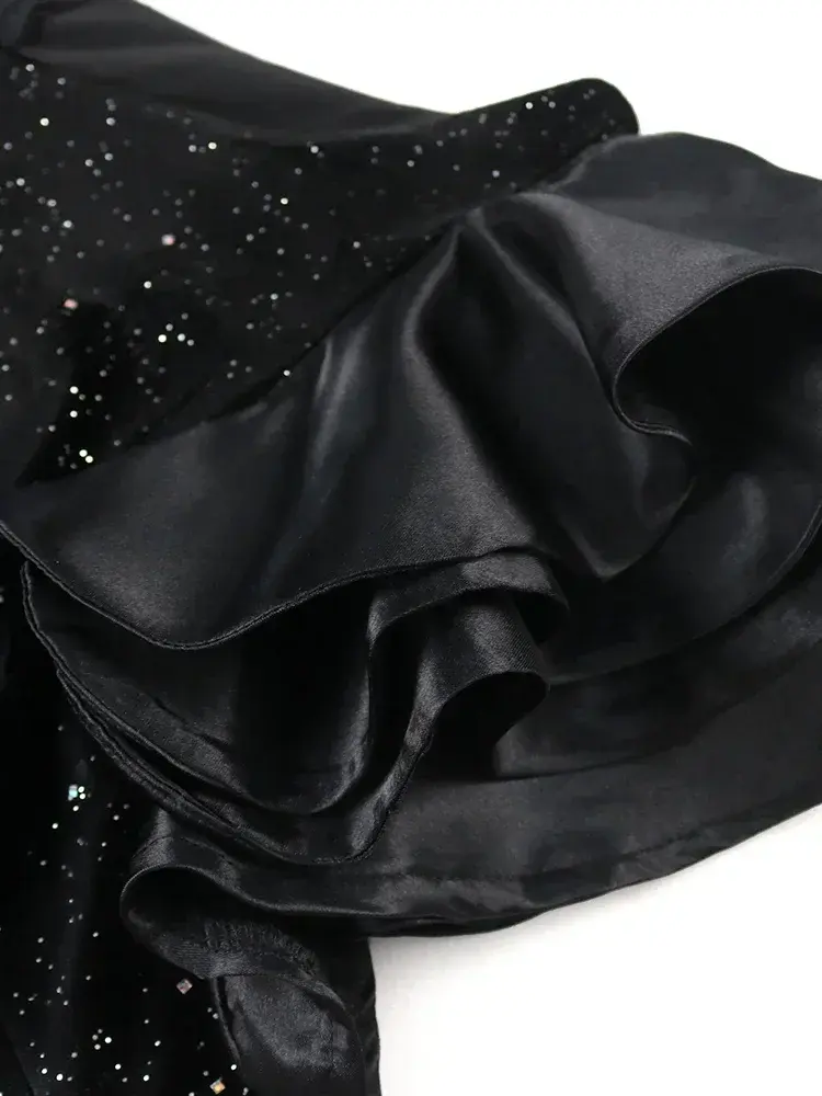 Women Glitter Dress Elegant Black Fishtail Sequin Maxi Dresses Vintage Ruffle Sleeve Party Celebrity Wedding Guest Dresses Robe