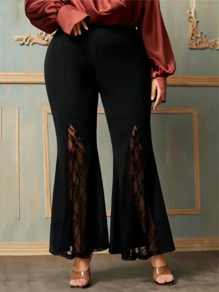Women Lace Patchwork Flare Pant Plus Size Tailored Trousers Elegant Casual Vitnage High Street Office Lady Hollow Out Pants 2025