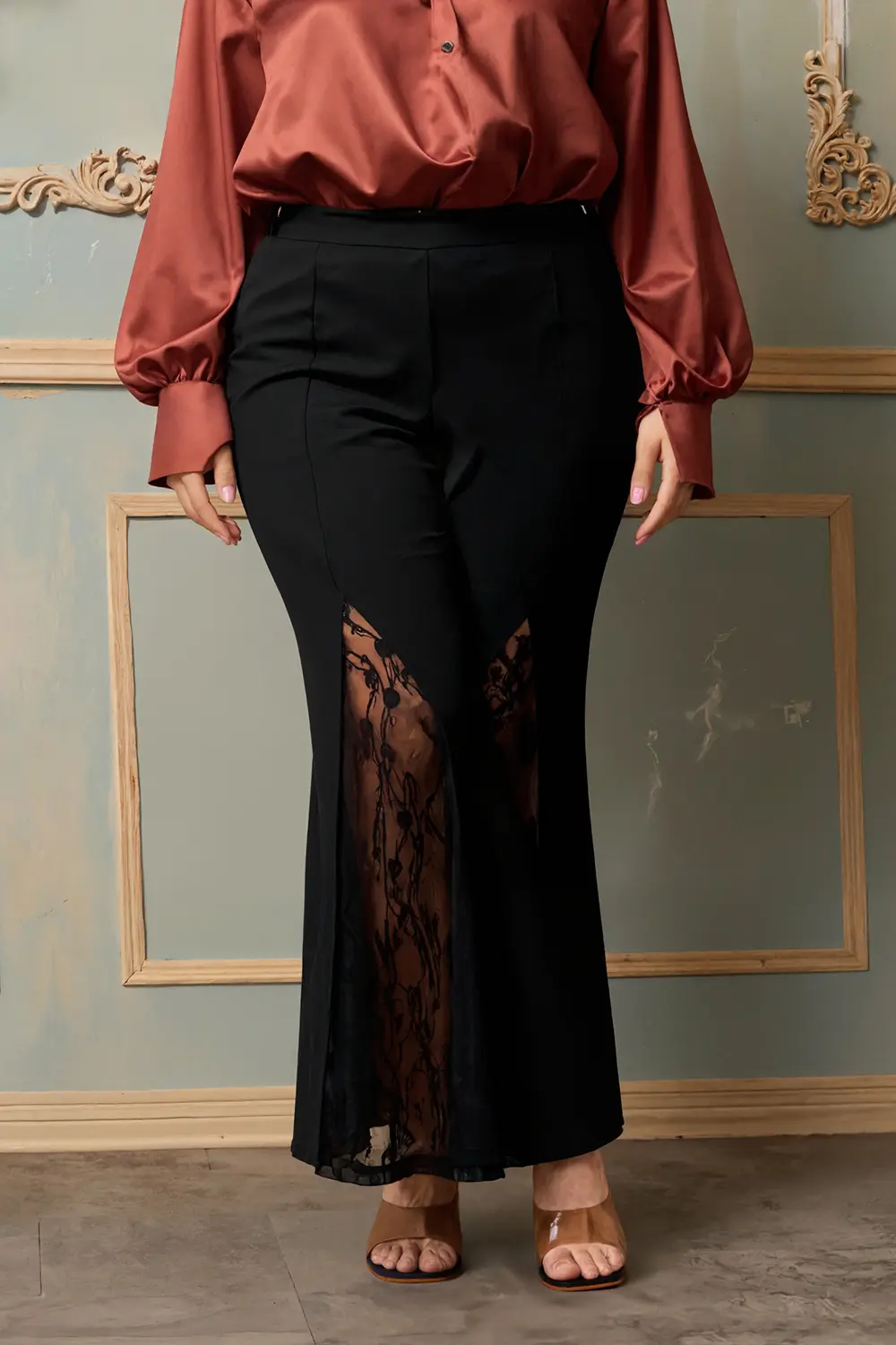 Women Lace Patchwork Flare Pant Plus Size Tailored Trousers Elegant Casual Vitnage High Street Office Lady Hollow Out Pants 2025