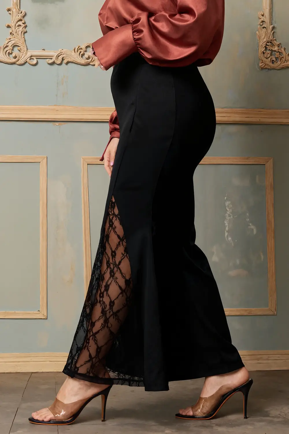 Women Lace Patchwork Flare Pant Plus Size Tailored Trousers Elegant Casual Vitnage High Street Office Lady Hollow Out Pants 2025
