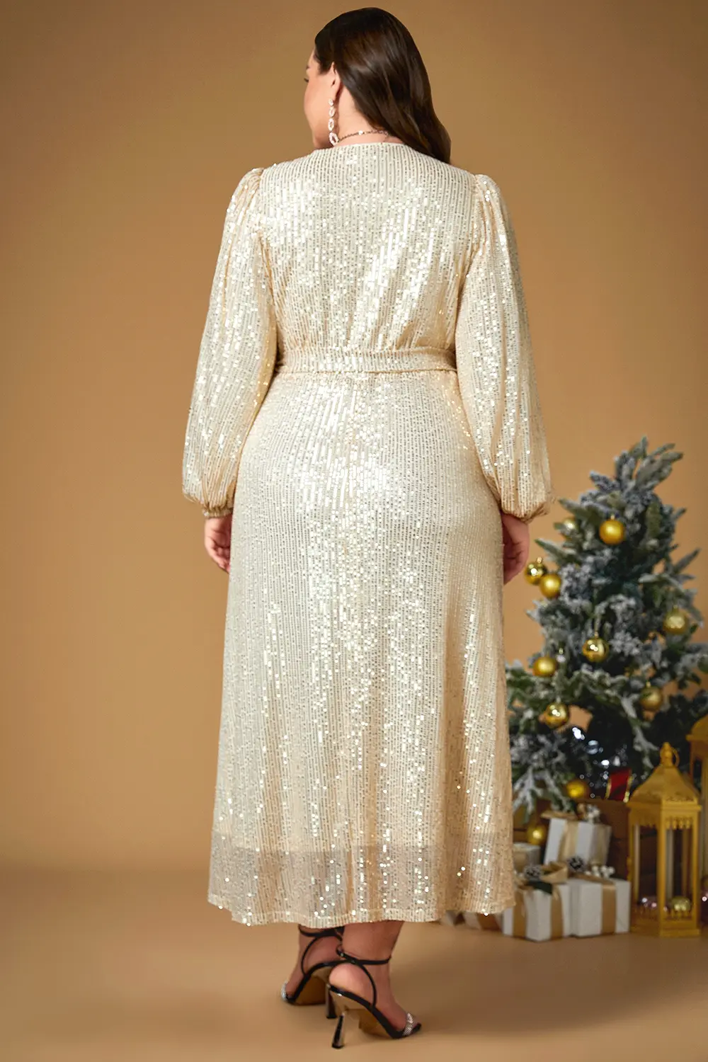 Women Plus Size Christmas Gold Sparkly Sequin Lantern Sleeve Lace-Up Tunic Tea-Length Dress V-Neck Puff Sleeve Elegant Dresses