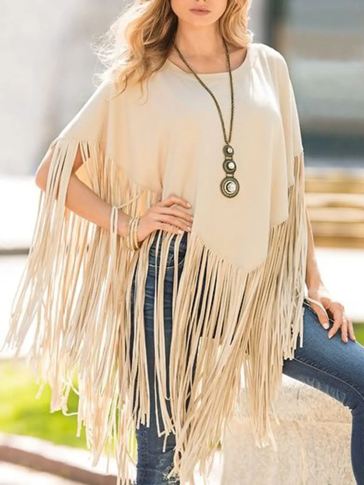 Women's Smock Top Crew Neck Fringed Solid Loose Asymmetric Hem Elegant Vintage Solid Casual Autumn Fashion Tassel Cape Top 2023
