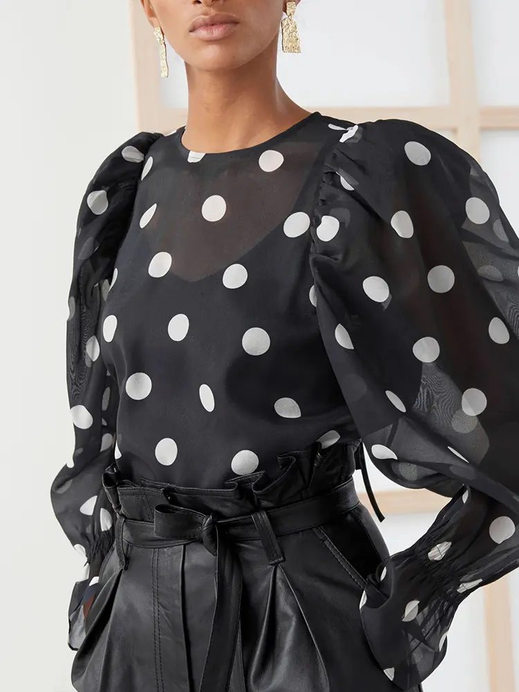Chiffon Blouse for Women Sheer Puff Sleeve Round Neck Spring Fashion Polka Dot Print Casual Elegant Transparent Shirt Tops 2024