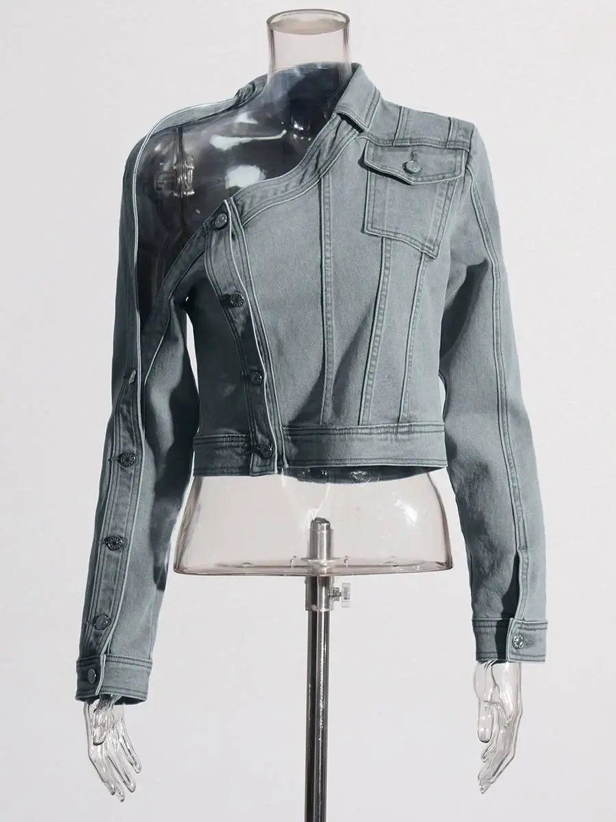 Fashion Women Denim T shirt One Shoulder Stand Collar Jeans Short Jakcets Long Sleeve Spring Button Vintage Slim Denim T shirts