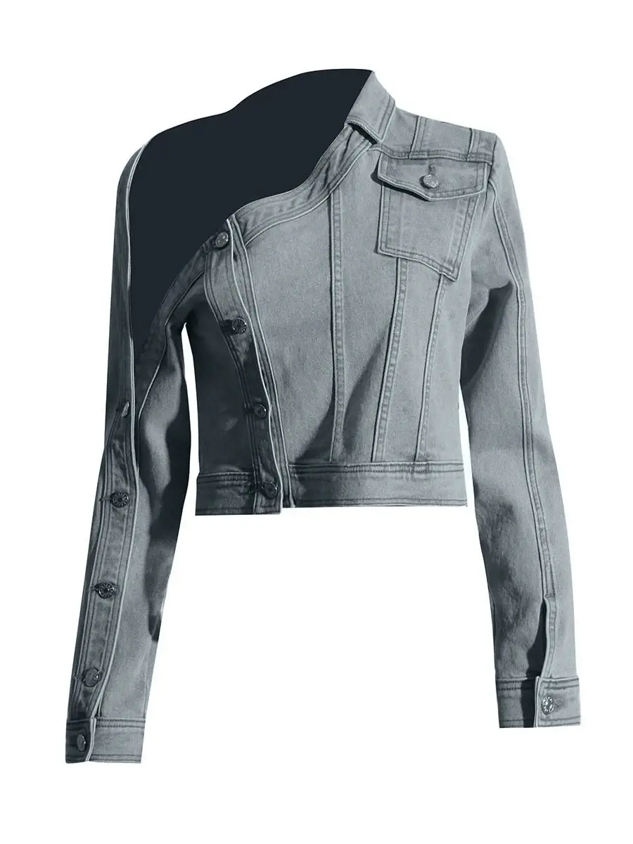 Fashion Women Denim T shirt One Shoulder Stand Collar Jeans Short Jakcets Long Sleeve Spring Button Vintage Slim Denim T shirts