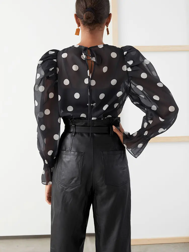 Chiffon Blouse for Women Sheer Puff Sleeve Round Neck Spring Fashion Polka Dot Print Casual Elegant Transparent Shirt Tops 2024