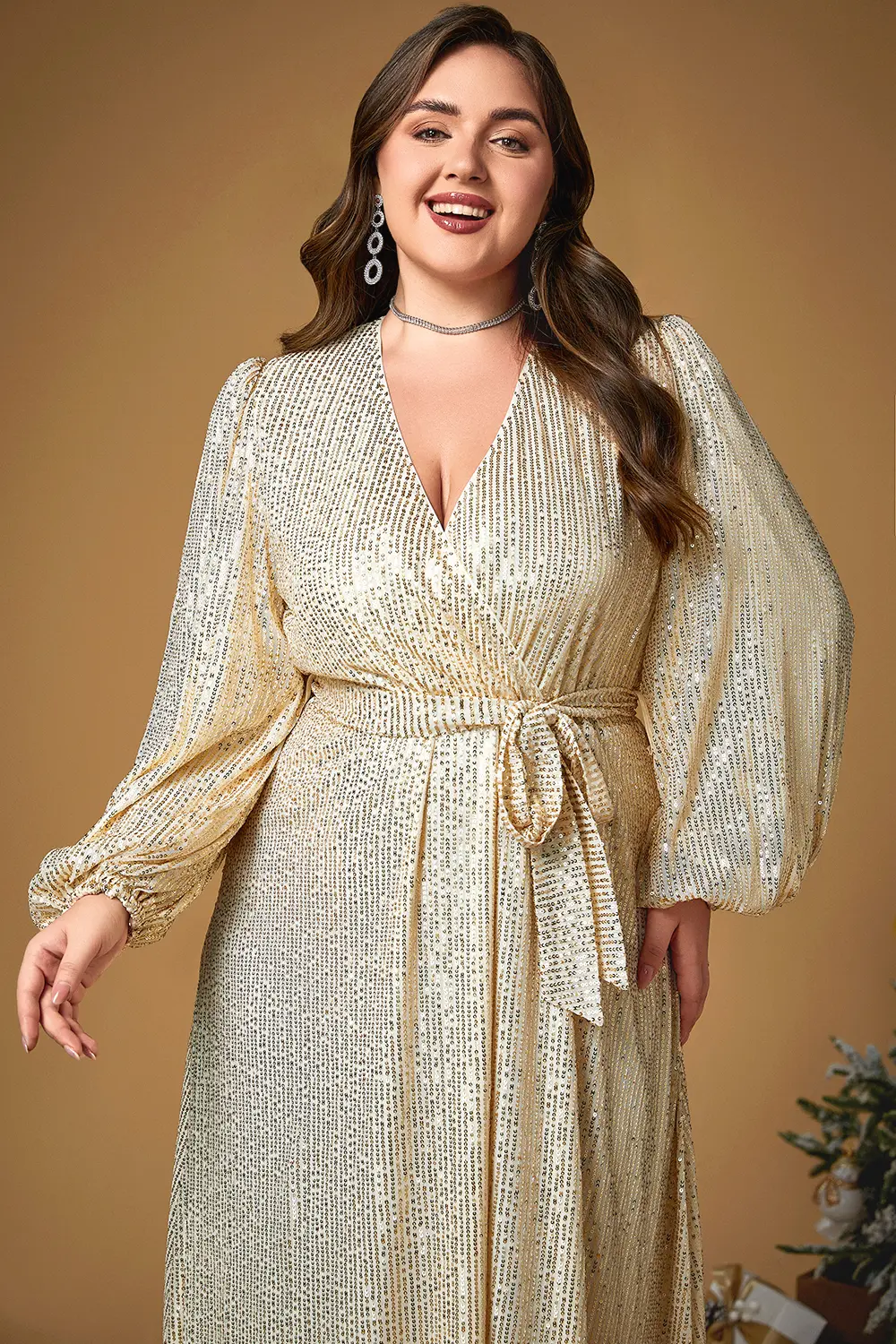 Women Plus Size Christmas Gold Sparkly Sequin Lantern Sleeve Lace-Up Tunic Tea-Length Dress V-Neck Puff Sleeve Elegant Dresses