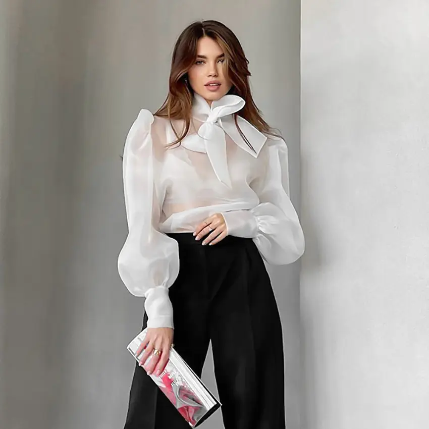Women See Through Shirt Blouse Puff Sleeve Bowknot Lace-up Collar Elegant Sweet Chic Chiffon Casual Streetwear Blouse Top 2025