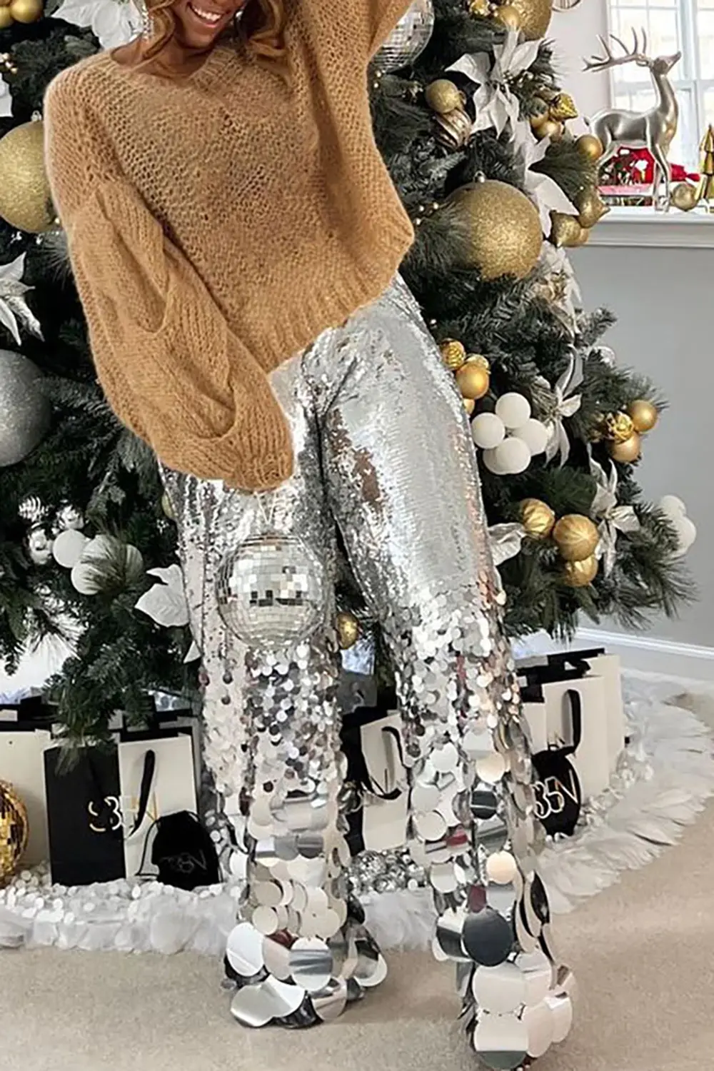 Plus Size Party Pant Silver Straight Leg Asymmetrical Sequin Pant High Waist Flare Pant Trousers Spring Fashion Women Pants