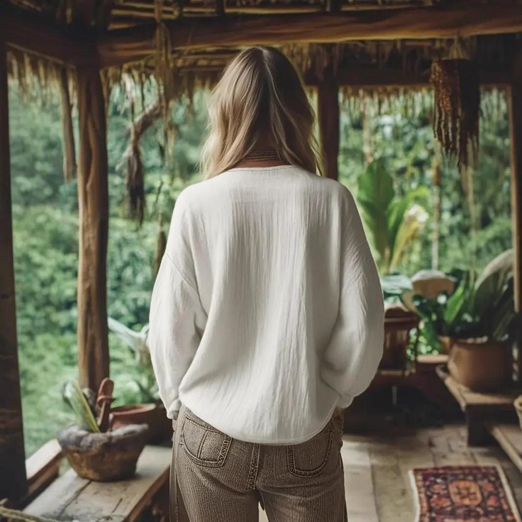 Women Cotton Linen Blouse Round Neck Solid Minimalist Long Sleeve Casual Retron Blouse Boho Shirts Autumn 2025