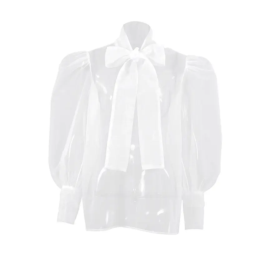 Women See Through Shirt Blouse Puff Sleeve Bowknot Lace-up Collar Elegant Sweet Chic Chiffon Casual Streetwear Blouse Top 2025