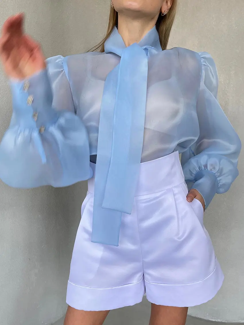 Women See Through Shirt Blouse Puff Sleeve Bowknot Lace-up Collar Elegant Sweet Chic Chiffon Casual Streetwear Blouse Top 2025