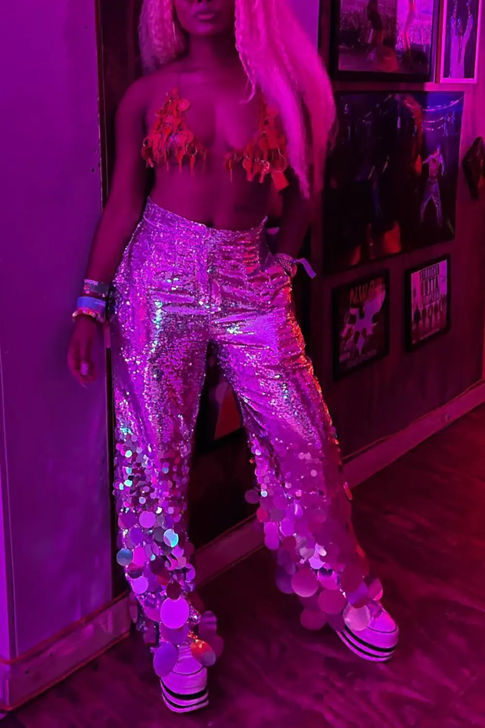 Plus Size Party Pant Silver Straight Leg Asymmetrical Sequin Pant High Waist Flare Pant Trousers Spring Fashion Women Pants