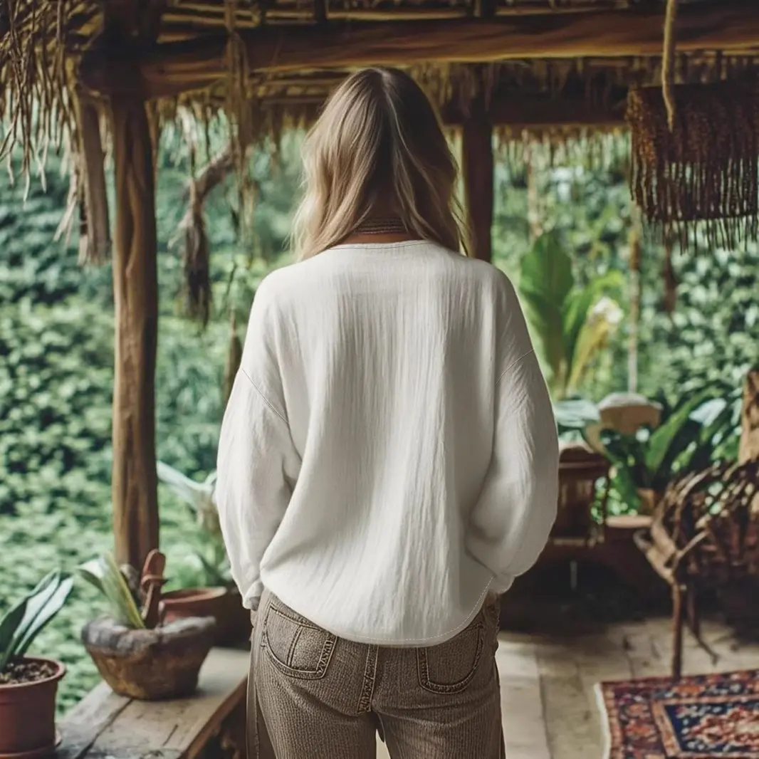 Women Cotton Linen Blouse Round Neck Solid Minimalist Long Sleeve Casual Retron Blouse Boho Shirts Autumn 2025