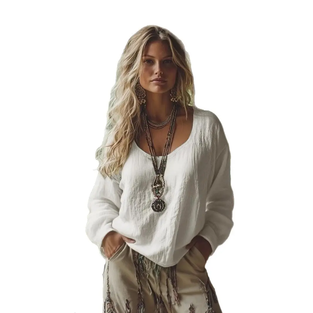 Women Cotton Linen Blouse Round Neck Solid Minimalist Long Sleeve Casual Retron Blouse Boho Shirts Autumn 2025