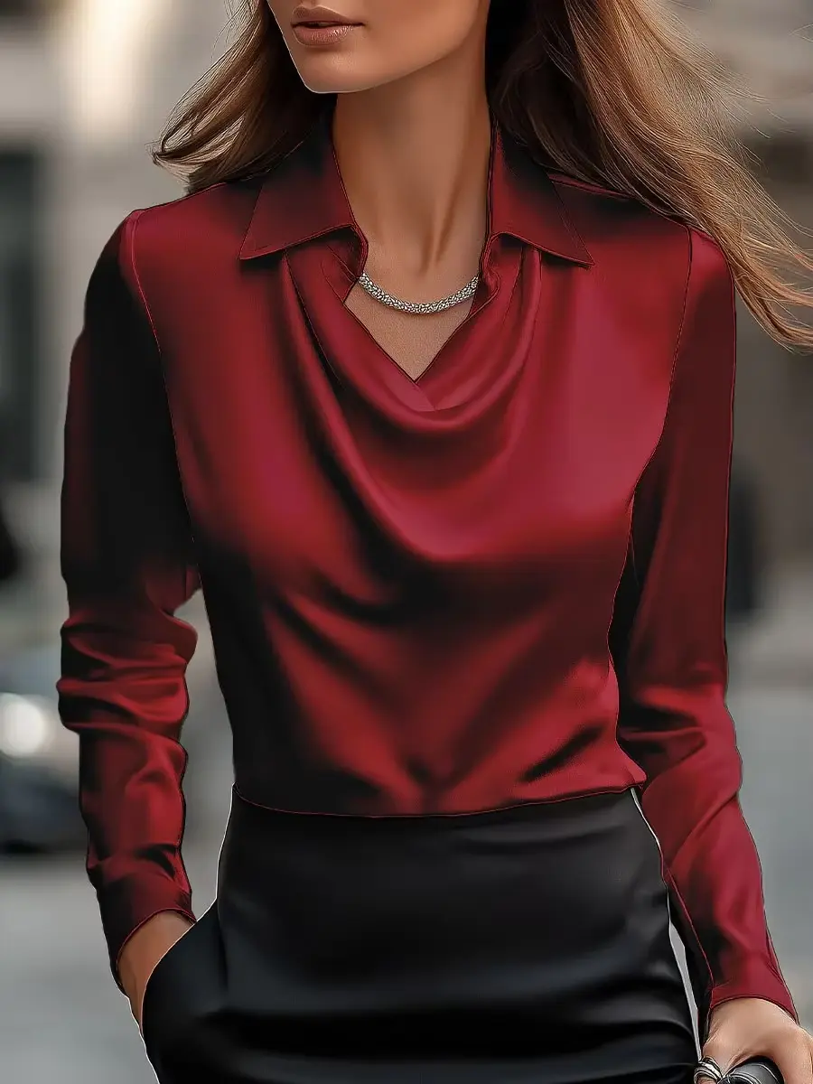 Women Elegant Office Lady Satin Shirt Turn Down Cowl Collar Long Sleeve Solid High Street Blouse Shirt for Female Autumn Tops