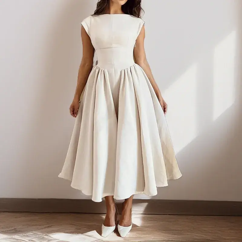 Women Minimalist Dress Backless Fit and Flare Pleated A-Line Midi Dress Elegant Sleeveless Party Wedding Guest Casual Dress