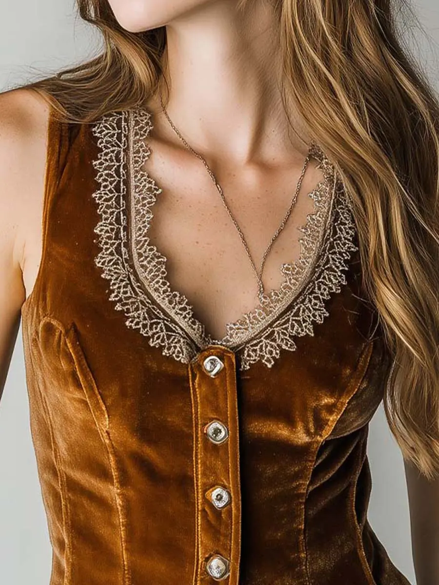 Velvet Lace Patchwork Tank Top Sleeveless Corset Chic Enthnic Boho Retro Irregular Hem Single Breasted Summer Tank Tops 2025