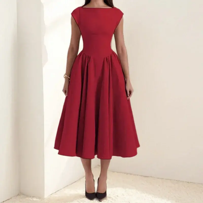 Women Minimalist Dress Backless Fit and Flare Pleated A-Line Midi Dress Elegant Sleeveless Party Wedding Guest Casual Dress