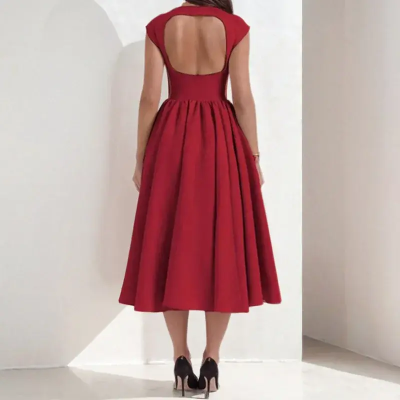 Women Minimalist Dress Backless Fit and Flare Pleated A-Line Midi Dress Elegant Sleeveless Party Wedding Guest Casual Dress