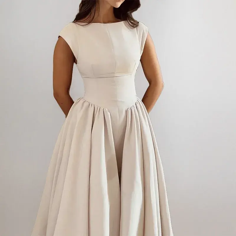Women Minimalist Dress Backless Fit and Flare Pleated A-Line Midi Dress Elegant Sleeveless Party Wedding Guest Casual Dress