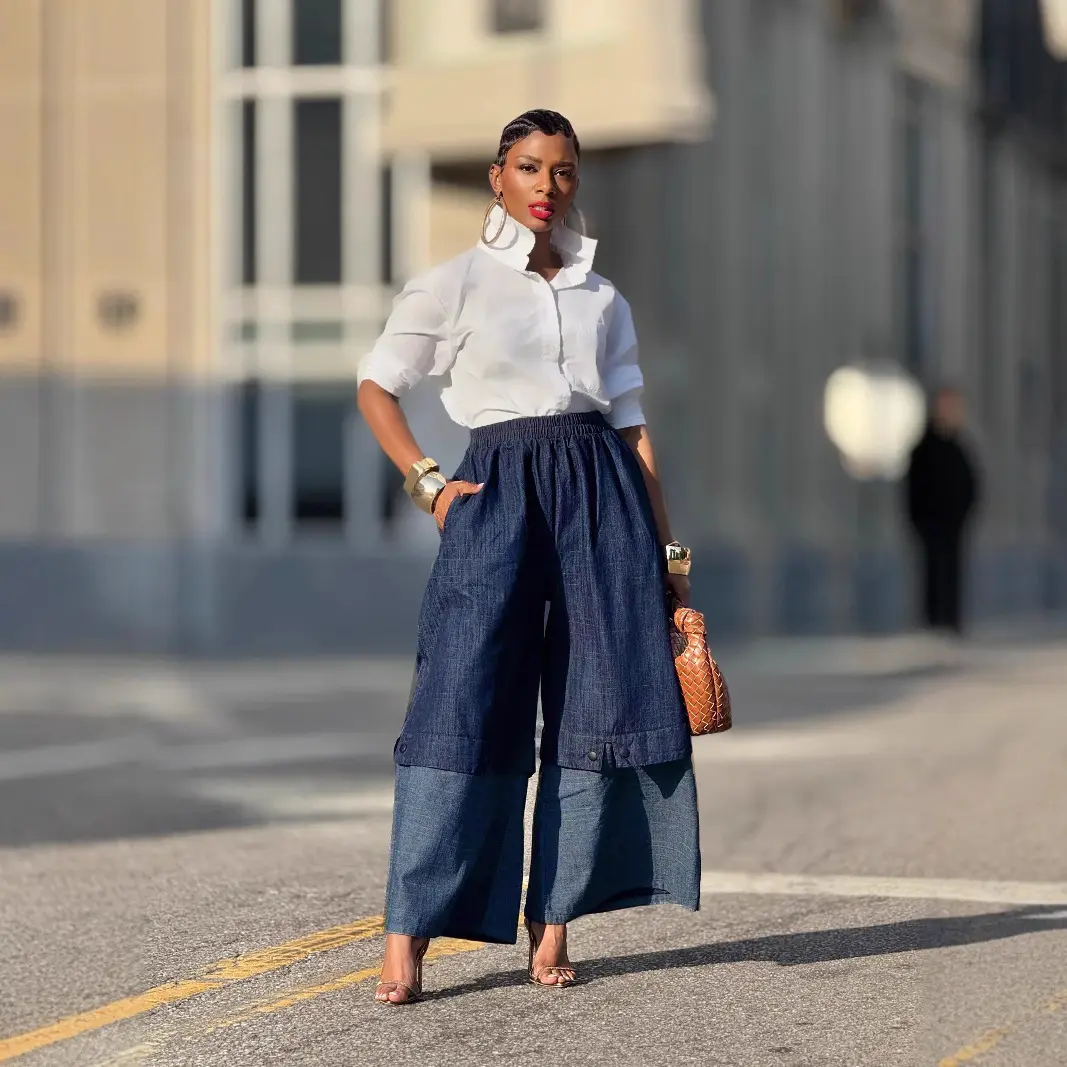 Women High Waist Patchwork Wide Leg Denim Trousers Jeans Retro Casual Elastic Waist High Street Pockets Loose Jeans 2025