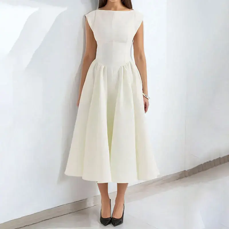 Women Minimalist Dress Backless Fit and Flare Pleated A-Line Midi Dress Elegant Sleeveless Party Wedding Guest Casual Dress