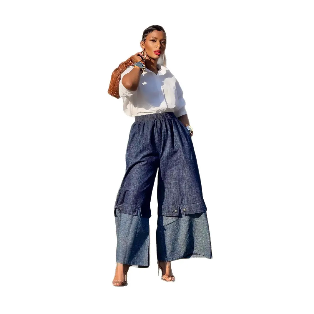 Women High Waist Patchwork Wide Leg Denim Trousers Jeans Retro Casual Elastic Waist High Street Pockets Loose Jeans 2025