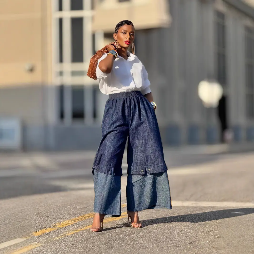 Women High Waist Patchwork Wide Leg Denim Trousers Jeans Retro Casual Elastic Waist High Street Pockets Loose Jeans 2025