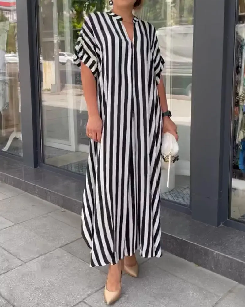 Striped Printed Dress for Women Casual Streetwear Half Sleeve Loose Straight Dress Summer Female V-Neck Office Lady Dresses