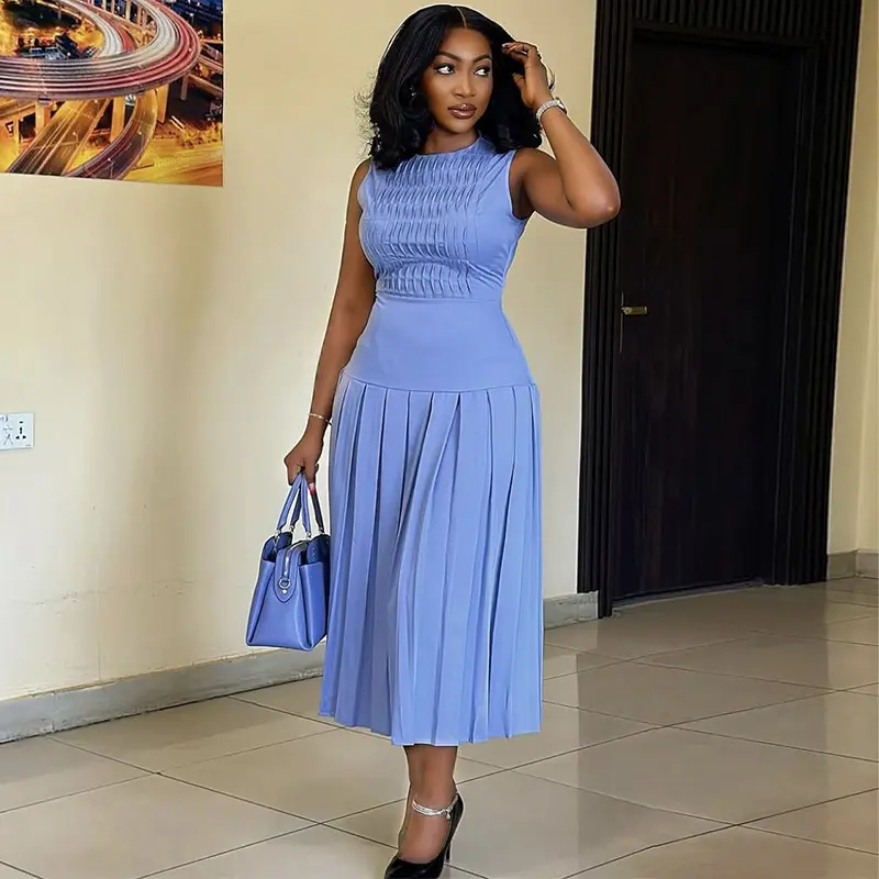 Women Pleated A-lieve Dress Round Neck Sleeveless Tank Dress Casual Elegant Party Club High Street Summer Midi Dresses 2025