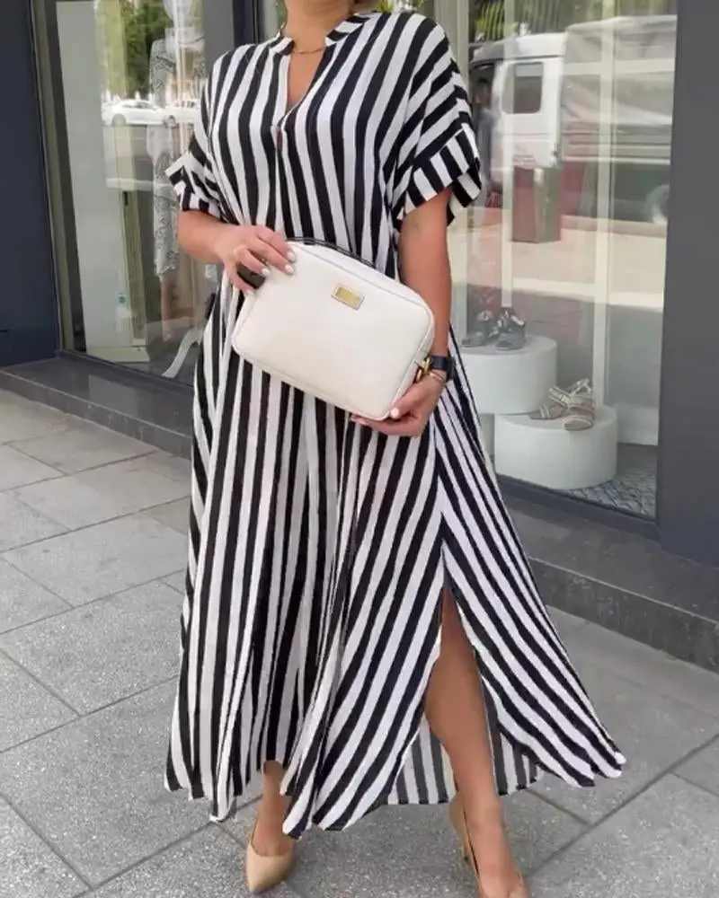 Striped Printed Dress for Women Casual Streetwear Half Sleeve Loose Straight Dress Summer Female V-Neck Office Lady Dresses