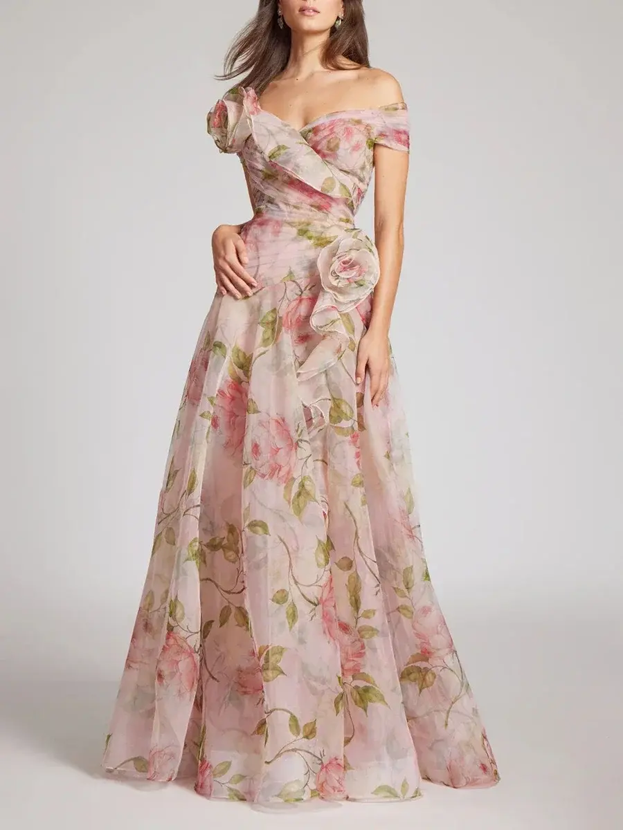 3D Floral Dress for Women Elegant Off the Shoulder Floral Printed Slim Boho Sweet Fairly Retro Maxi Dresses Summer Sundress