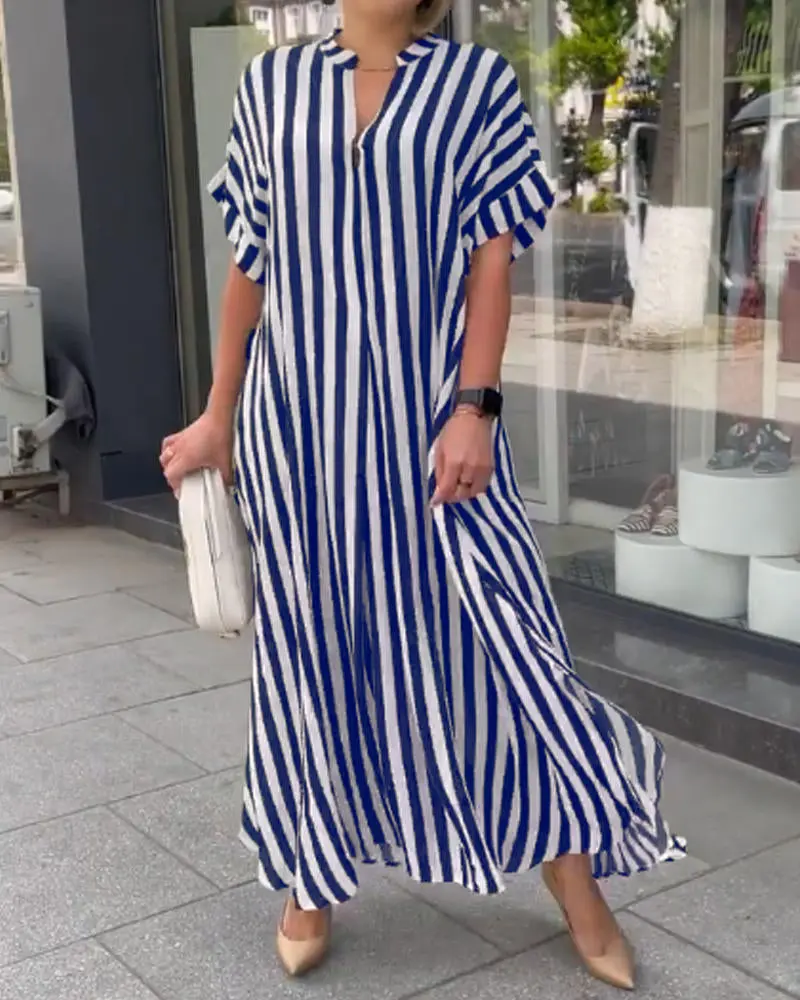 Striped Printed Dress for Women Casual Streetwear Half Sleeve Loose Straight Dress Summer Female V-Neck Office Lady Dresses
