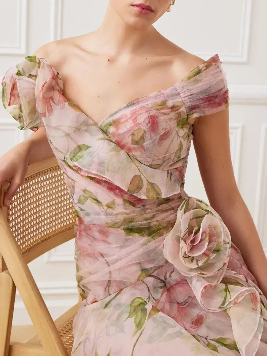 3D Floral Dress for Women Elegant Off the Shoulder Floral Printed Slim Boho Sweet Fairly Retro Maxi Dresses Summer Sundress