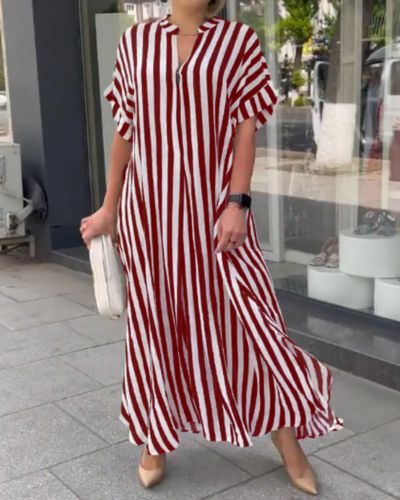 Striped Printed Dress for Women Casual Streetwear Half Sleeve Loose Straight Dress Summer Female V-Neck Office Lady Dresses