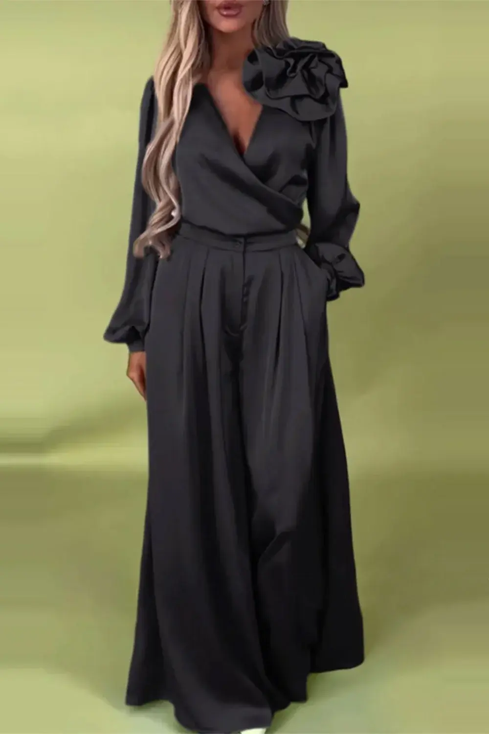 Women Plus Size Satin Two Piece Pant Set 3D Floral Sexy V-Neck Luxury Elegant Long Sleeve Top and Wide Leg Pant Matching Set