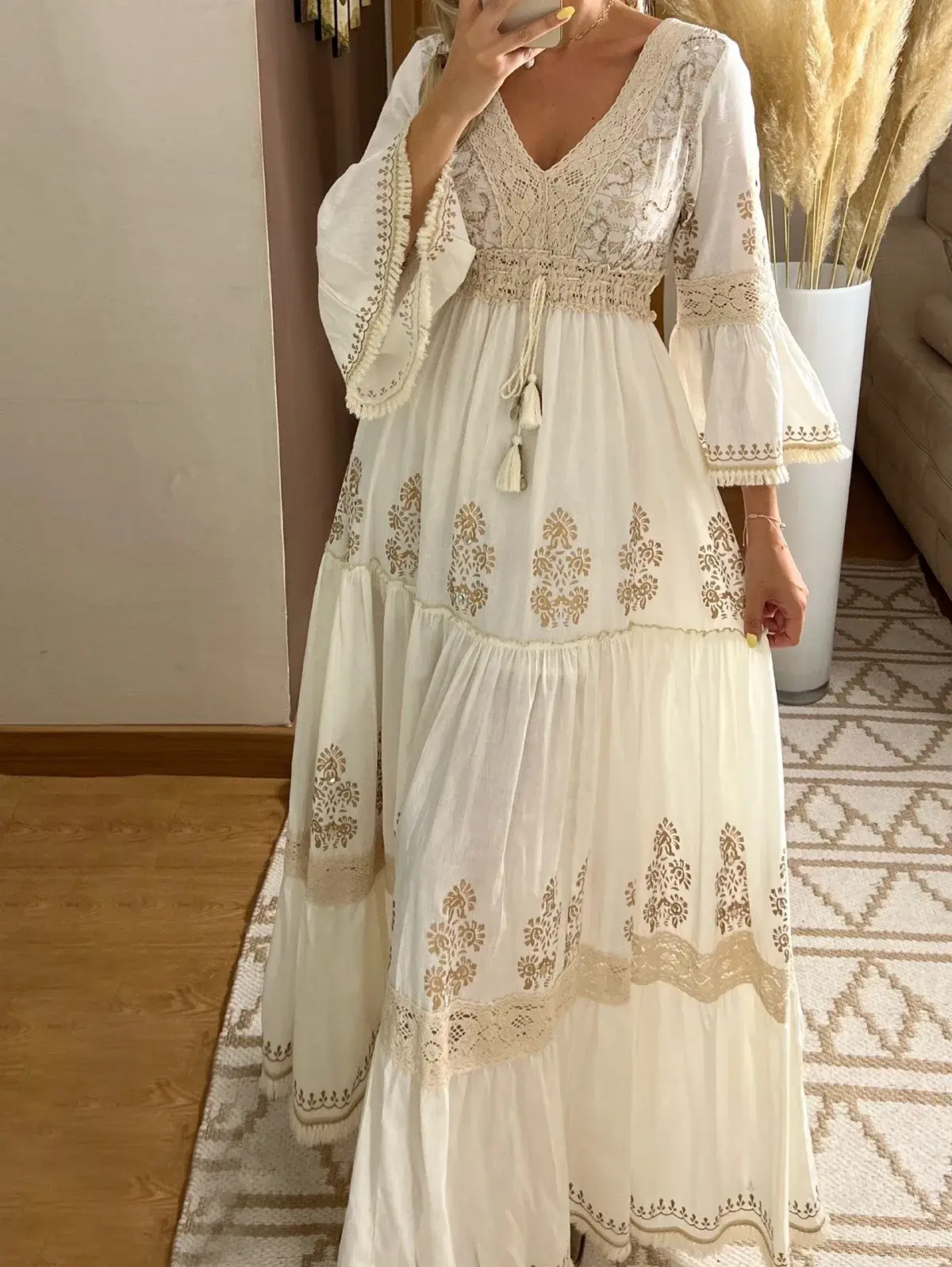Women Dress for Women Elegant Tassel V-Neck Flare Sleeve Vintage Boho Sweet Casual Pleated A-Line Fashion Autumn Dresses 2024