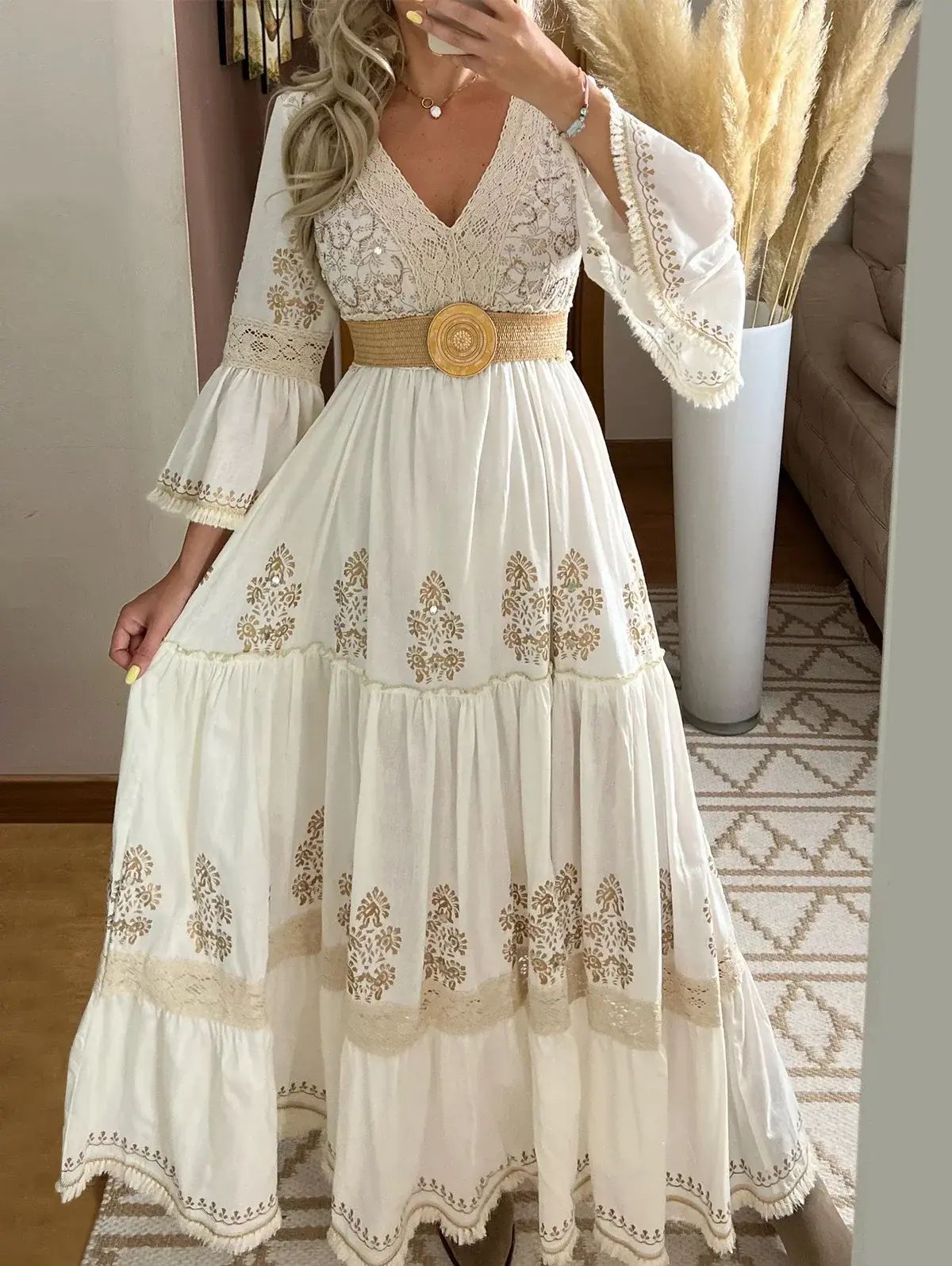 Women Dress for Women Elegant Tassel V-Neck Flare Sleeve Vintage Boho Sweet Casual Pleated A-Line Fashion Autumn Dresses 2024