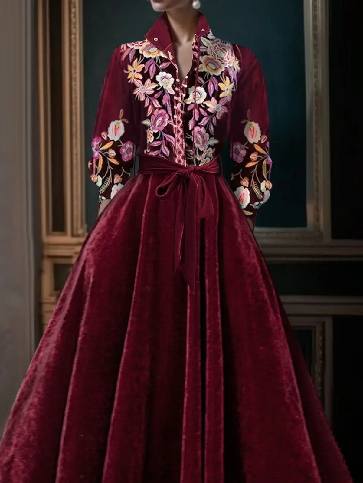 Velvet Floral Embroidery A-Line Dress Long Sleeve Retro Casual Elegant Ethnic Pleated Wedding Guest Evening Dress with Belt