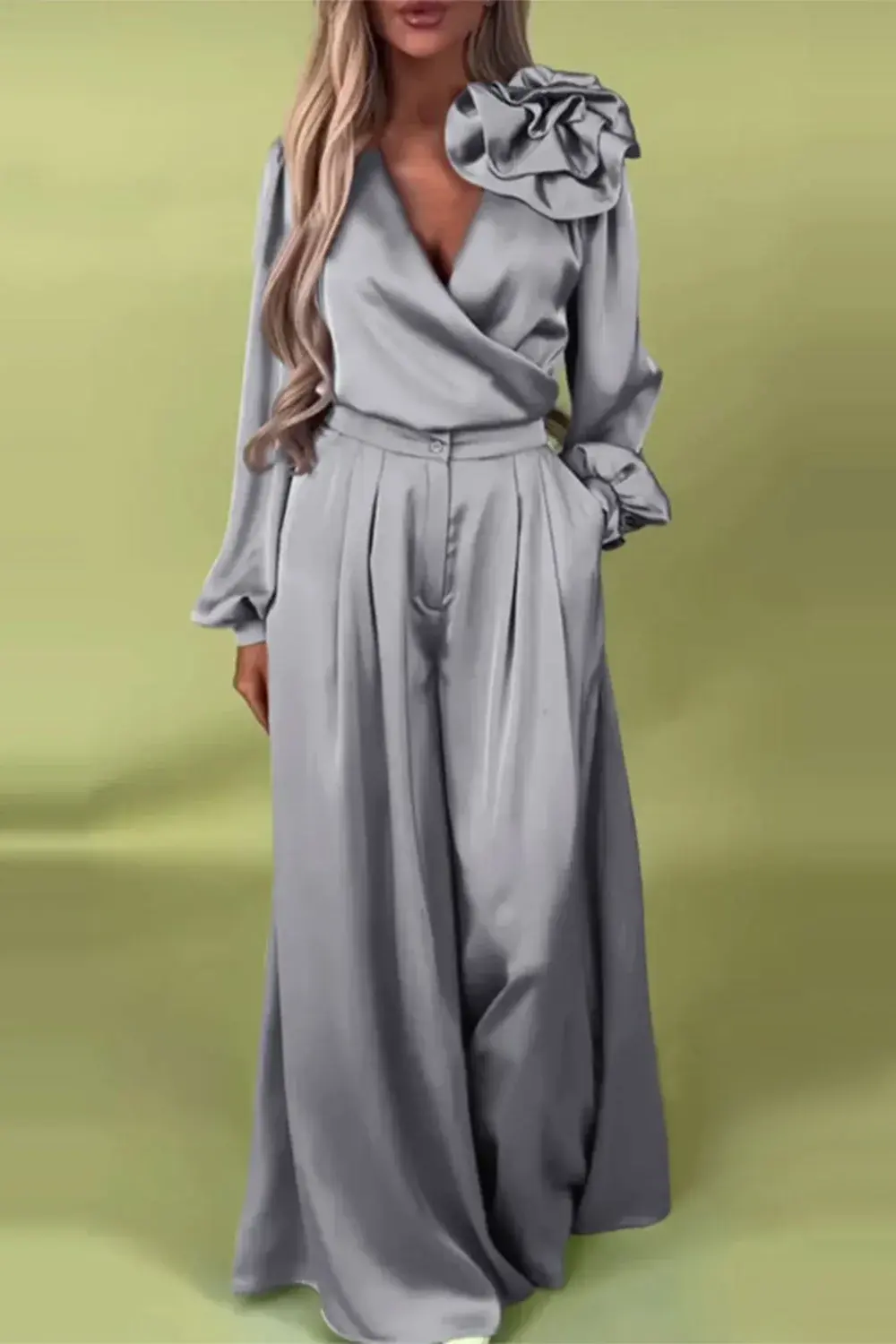 Women Plus Size Satin Two Piece Pant Set 3D Floral Sexy V-Neck Luxury Elegant Long Sleeve Top and Wide Leg Pant Matching Set
