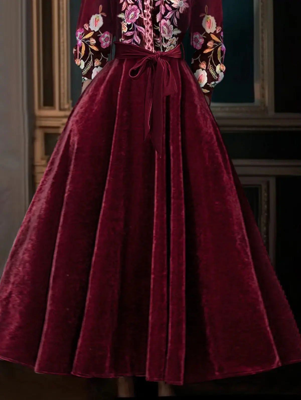 Velvet Floral Embroidery A-Line Dress Long Sleeve Retro Casual Elegant Ethnic Pleated Wedding Guest Evening Dress with Belt