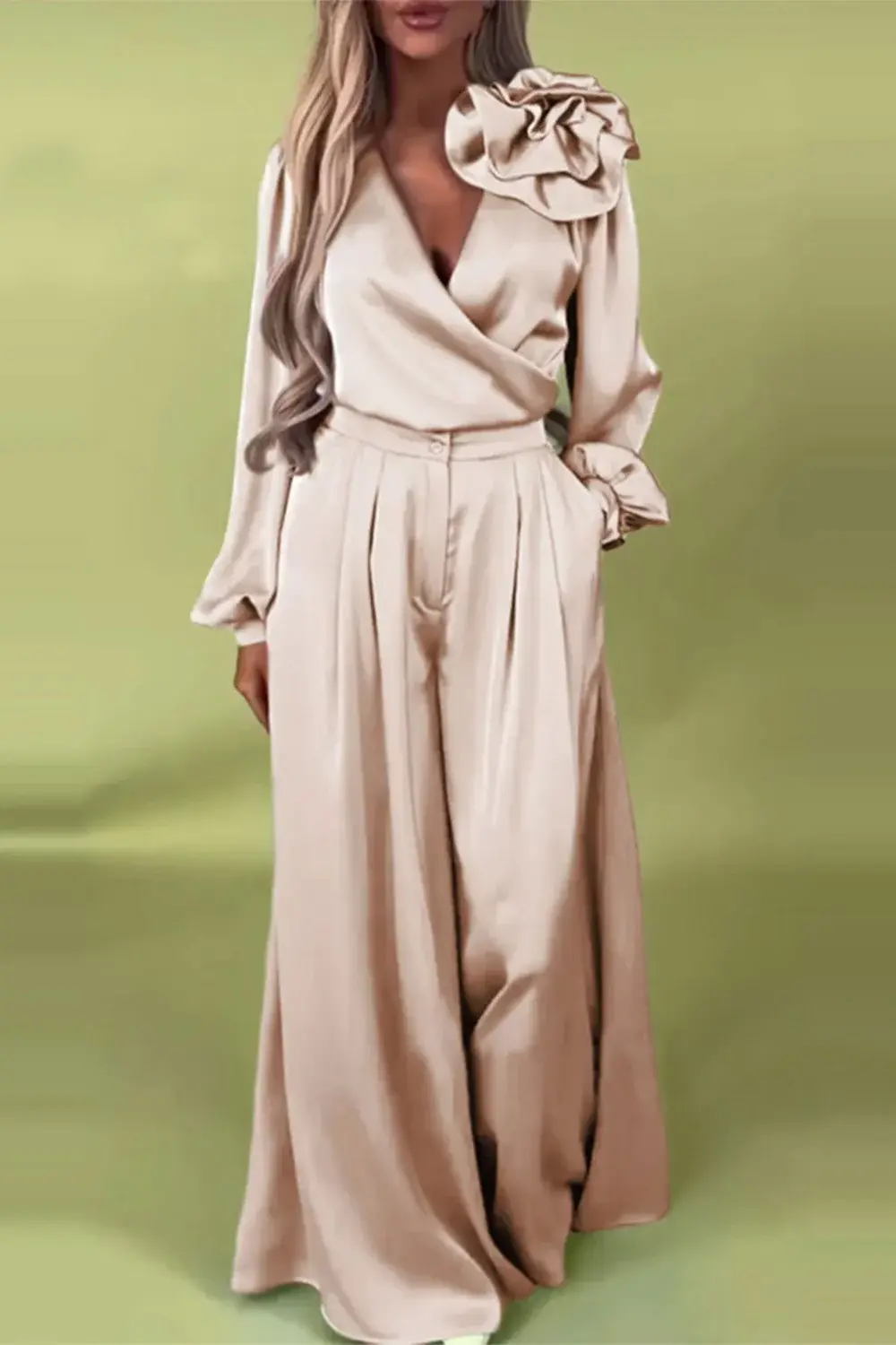 Women Plus Size Satin Two Piece Pant Set 3D Floral Sexy V-Neck Luxury Elegant Long Sleeve Top and Wide Leg Pant Matching Set