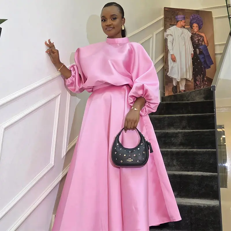 Women Sweet Pink Two Piece Skirt Set Puff Sleeve Stand Collar Elegant Pleated A-line Casual Wedding Guest Vintage Matching Set