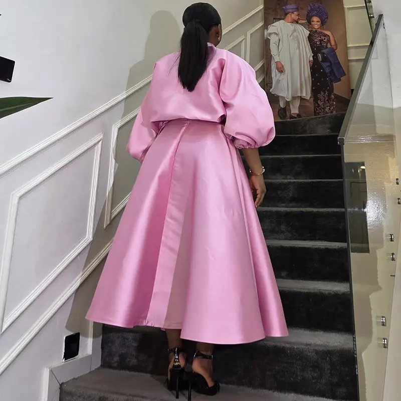 Women Sweet Pink Two Piece Skirt Set Puff Sleeve Stand Collar Elegant Pleated A-line Casual Wedding Guest Vintage Matching Set