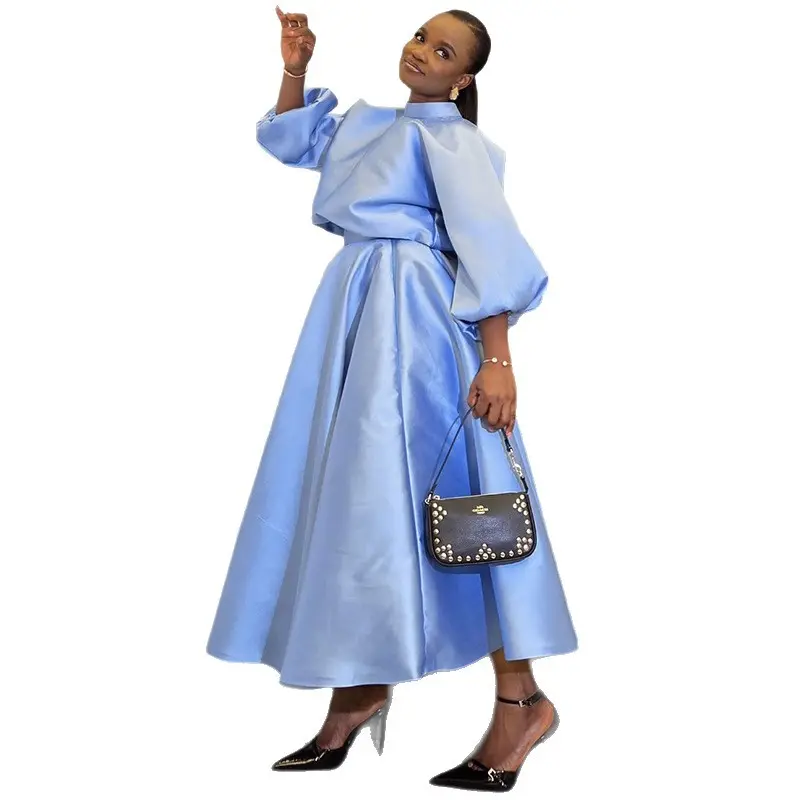 Women Sweet Pink Two Piece Skirt Set Puff Sleeve Stand Collar Elegant Pleated A-line Casual Wedding Guest Vintage Matching Set